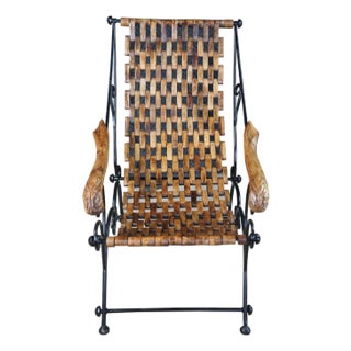 Vintage Omani Scrolled Wrought Iron Teak Saddle Seat Lounge Armchair For Sale