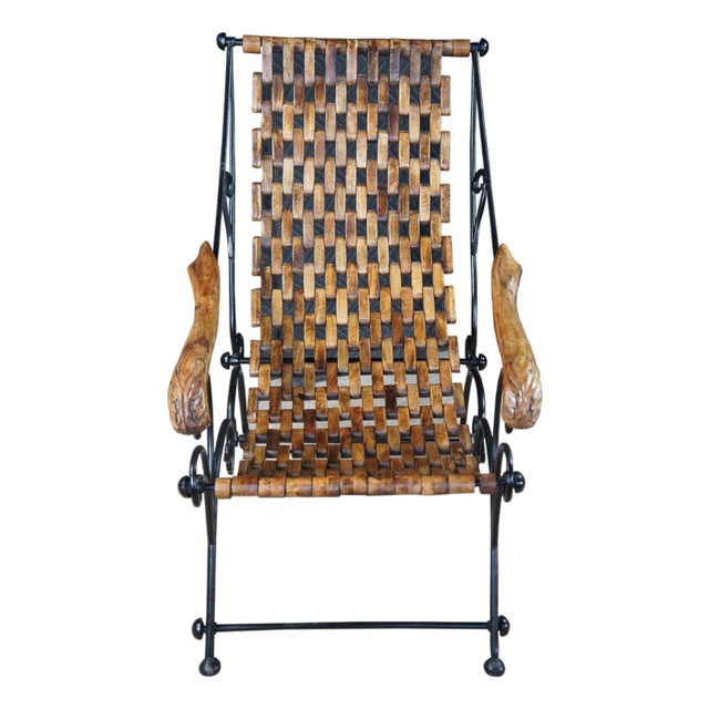 Vintage Omani Scrolled Wrought Iron Teak Saddle Seat Lounge Armchair For Sale