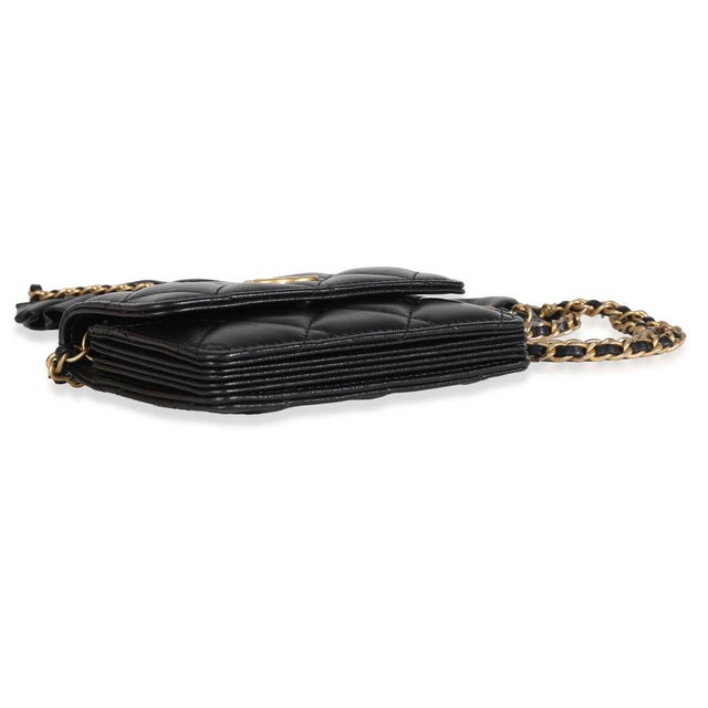 Animal Skin Black Quilted Lambskin Ruffled Card Holder On Chain For Sale - Image 7 of 8