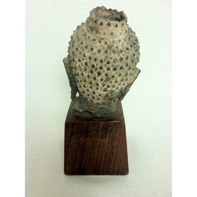 Mid 19th Century Bronze Buddha Head on Wood Stand For Sale - Image 4 of 10