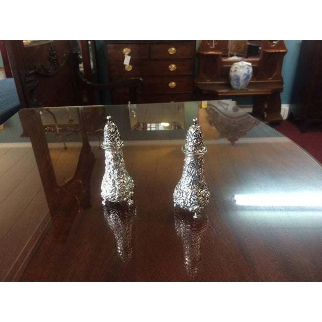 Traditional Stieff Sterling Repousse Salt and Pepper Shakers, Rose Pattern Shakers, the Pair For Sale - Image 3 of 5