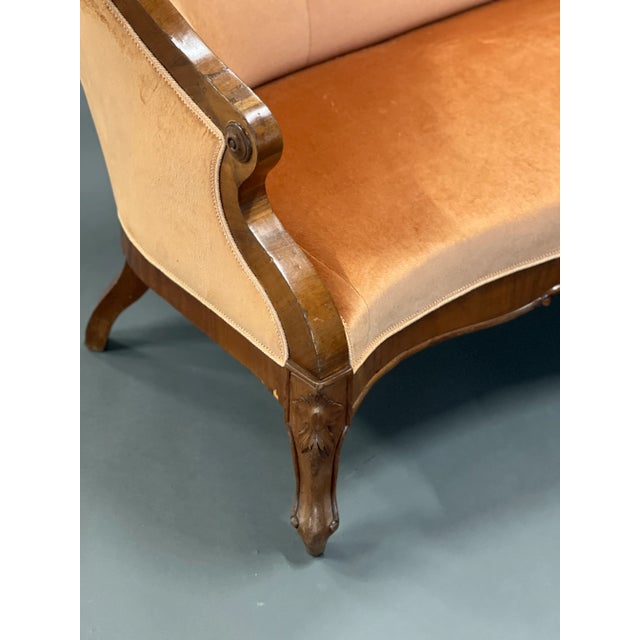 Antique Wood and Velvet Sofa For Sale - Image 5 of 6