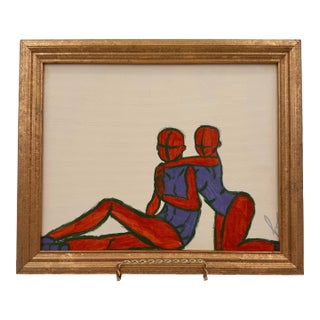 Original Contemporary Abstract Couple Painting on Canvas Board Signed Framed For Sale