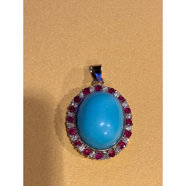 Turquoise GIA Certified 105 Ct Natural Oval Turquoise, Ruby & Diamond Pendant, Sleeping B For Sale - Image 8 of 18