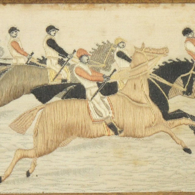 Silk Embroidery Art Work Horse Race, France 19th Century, Framed For Sale - Image 11 of 13