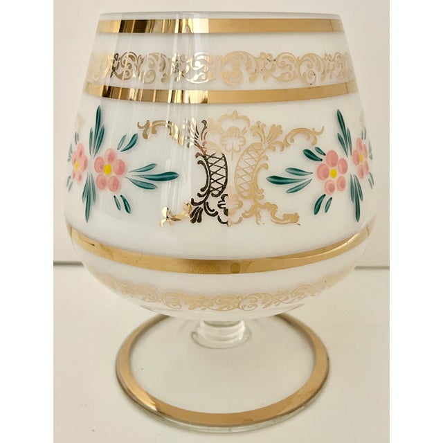 Elegant Czech Bohemian glass vase from 60's. Goblet design with clear and white base. Gold trims and hand painted flowers...