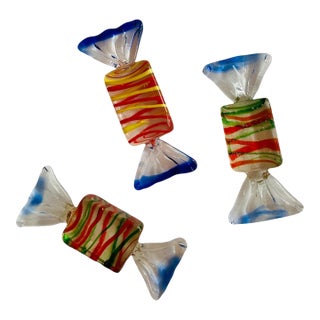 Murano Handblown Glass Multicolor Striped Candy, Set/3 For Sale