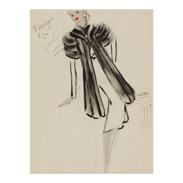 Vintage French Fashion Art Print – Black Banded Coat Illustration, 12" X 16" For Sale