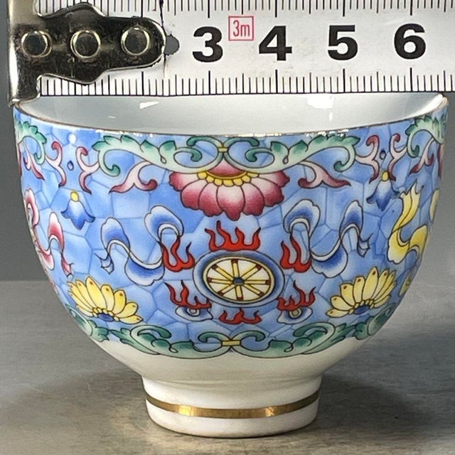 Blue Vintage Famille Rose Porcelain Teacup – Floral & Buddhist Emblem Motif, Qianlong Mark For Sale - Image 8 of 9