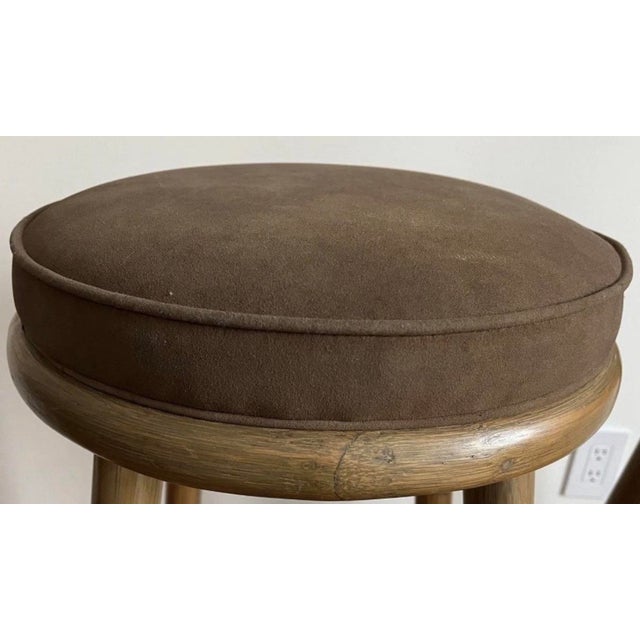 McGuire 1970s McGuire Bamboo Rawhide Bar Stool Suede Cushion 31”h San Francisco Vintage Rattan For Sale - Image 4 of 7