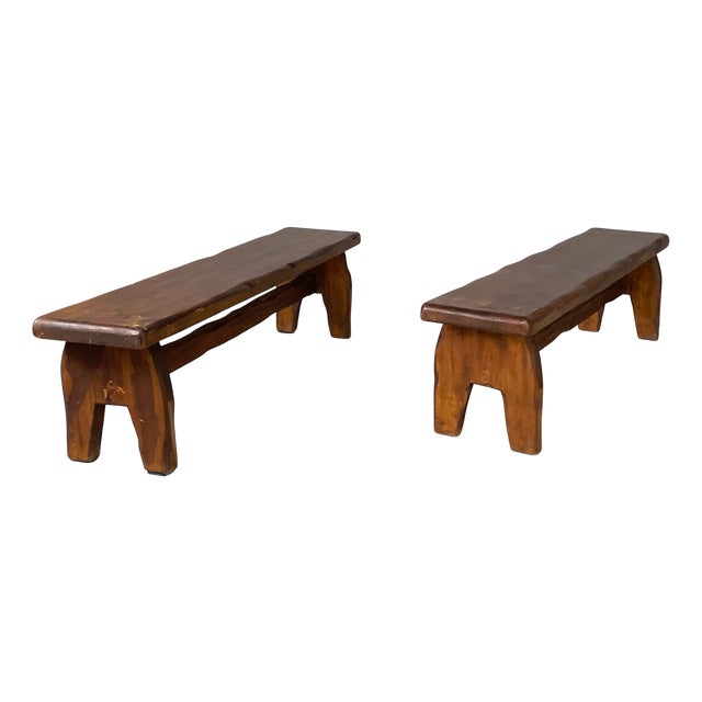 Italian Modern Rectangular Benches in Wood, 1970s, Set of 2 For Sale