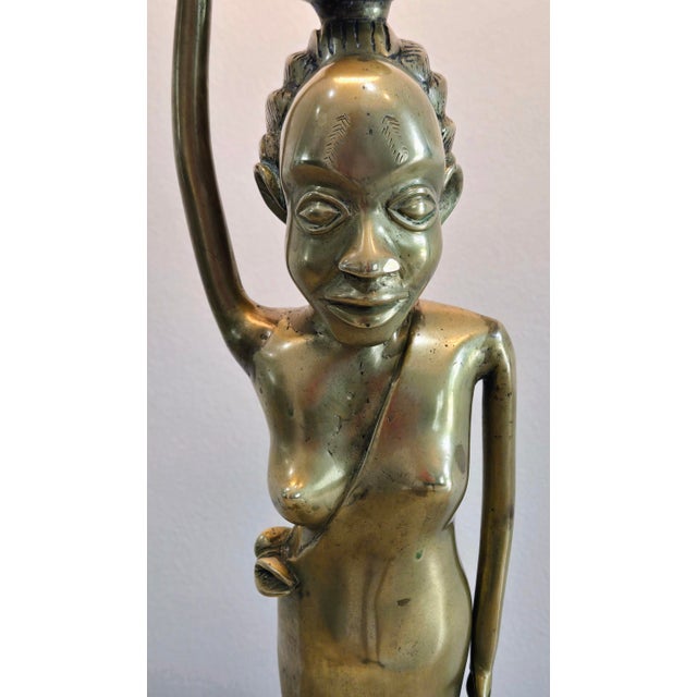 Metal Vintage African Brass Figural Lady Table Lamp With Frosted Globe For Sale - Image 7 of 15