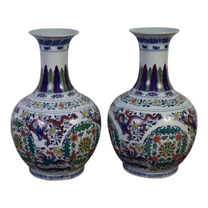 20th Century Blue Chinese Antique Famille Rose Porcelain Vases- a Pair