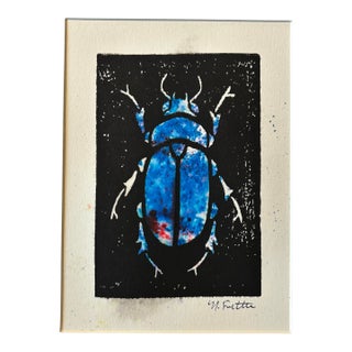Original Hand-Carved Linocut Print Beetle With Watercolor - Azurite Variant For Sale