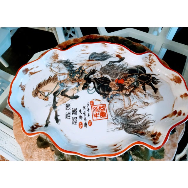 Chinoiserie Ceramic Vintage Equestrian Horse Print Decorative Platter For Sale In West Palm - Image 6 of 7