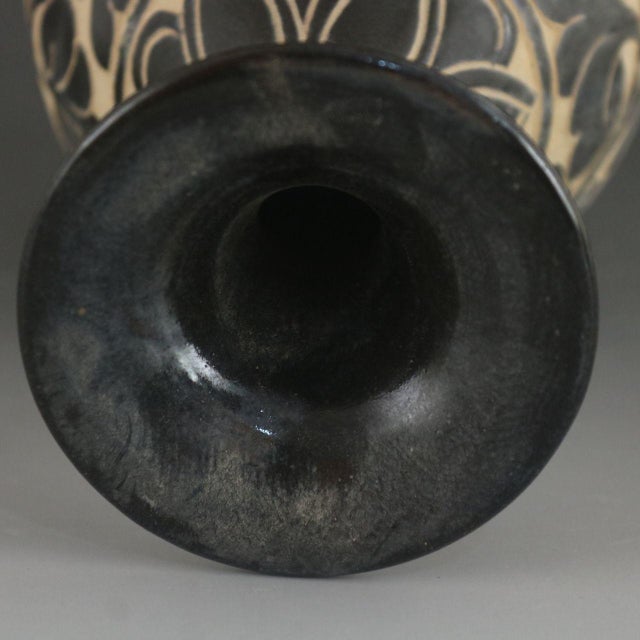 1950s Black Slip Carved Floral Yuhuchun Pear Shaped Ceramic Vase For Sale - Image 4 of 5