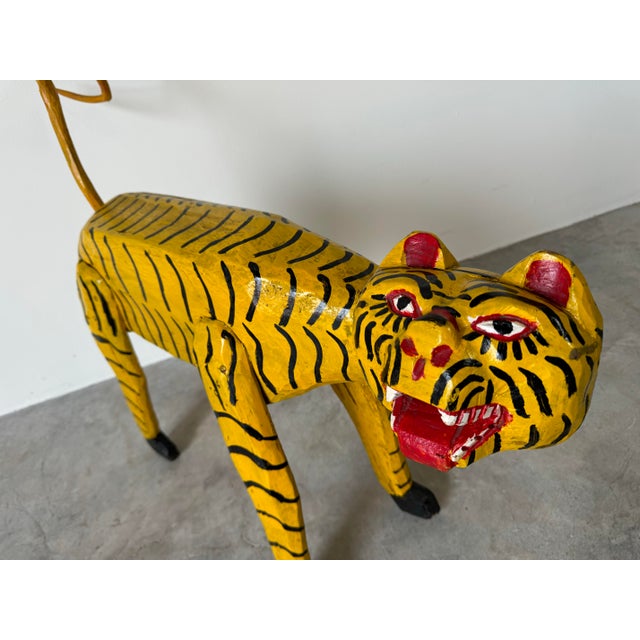 Vintage Hand Carved Wood and Painted Folk Art Tiger Sculpture | Chairish