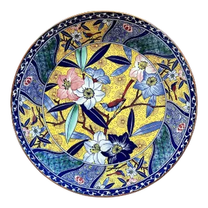 Vintage Japanese Ceramic Imari Style Blue & Yellow Round Charger Plate / Serving Platter