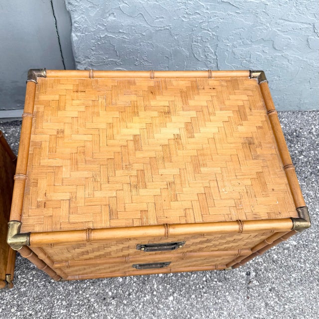 Mid 20th Century Boho Chic Herringbone Wicker Faux Bamboo Nightstands/Commodes by Dixie - A Pair For Sale - Image 5 of 9