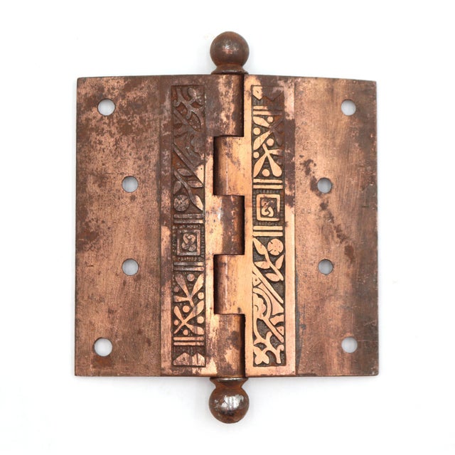 This Aesthetic style butt door hinge is made of copper plated cast iron with ball tips, five knuckles, and a template hole...