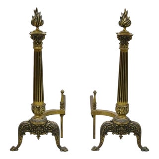 Antique French Empire Style Bronze Column Flame Finial Fireplace Andirons - Pair For Sale