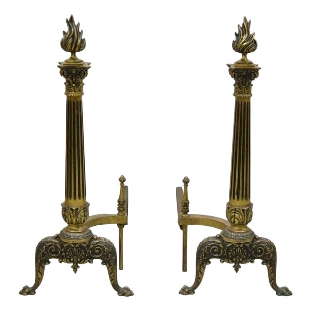 Antique French Empire Style Bronze Column Flame Finial Fireplace Andirons - Pair For Sale