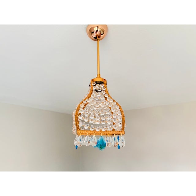 Vintage French Empire Brass & Crystal Pendant Light With Aqua Blue Drops - Pair Restored For Sale - Image 9 of 18