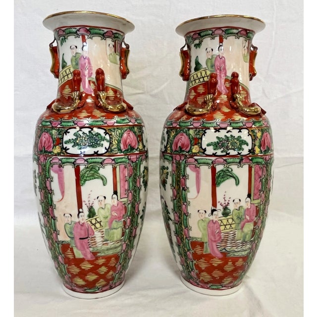 Red Mid Century Asian Famille Rose Vases of Hand Painted Porcelain With Gold Accents- a Pair For Sale - Image 8 of 12