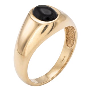 Vintage Black Onyx Cabochon Ring Sz 8.5 14k Yellow Gold Signet Fine Jewelry For Sale