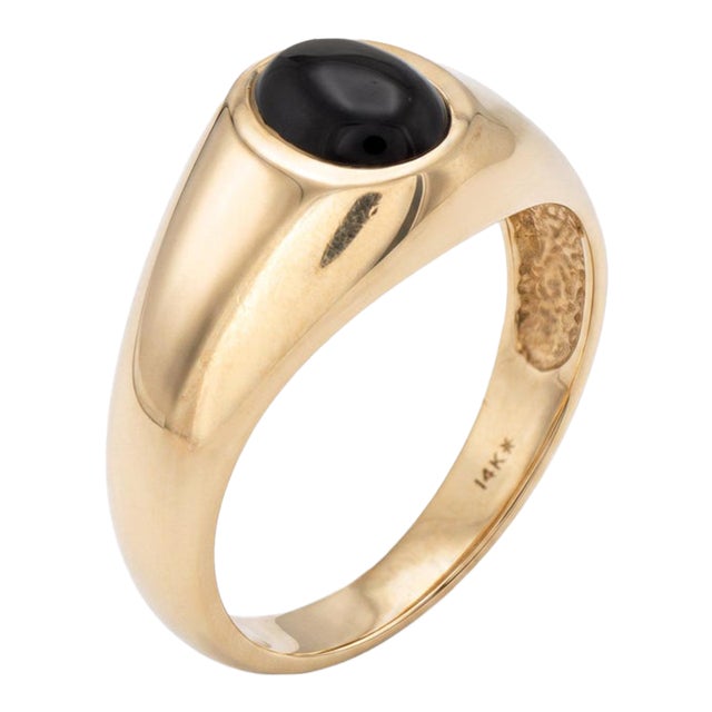 Vintage Black Onyx Cabochon Ring Sz 8.5 14k Yellow Gold Signet Fine Jewelry For Sale
