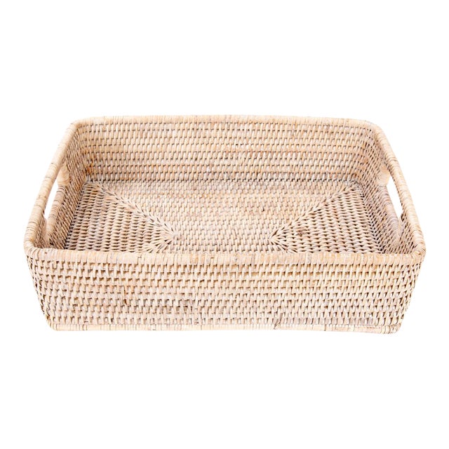 Artifacts Rattan Rectangular Storage Basket with Rounded Corners in White Wash - 14" For Sale
