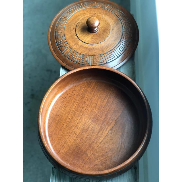 Burnt Umber Vintage Mid-Century Modern Turned Wood Lidded Box With Greek Key Design For Sale - Image 8 of 10