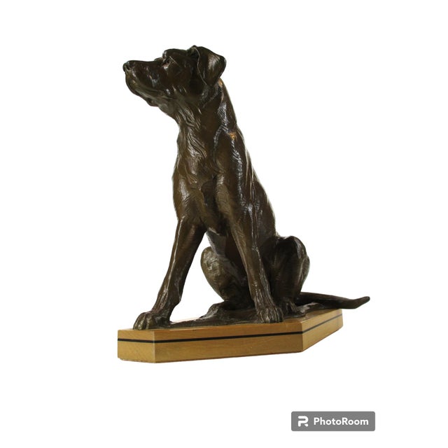 Figurative Bronze Dog Statue Lab, Labrador Sitting Wooden Bace Artist Signed: Name? & 1995 For Sale - Image 3 of 12