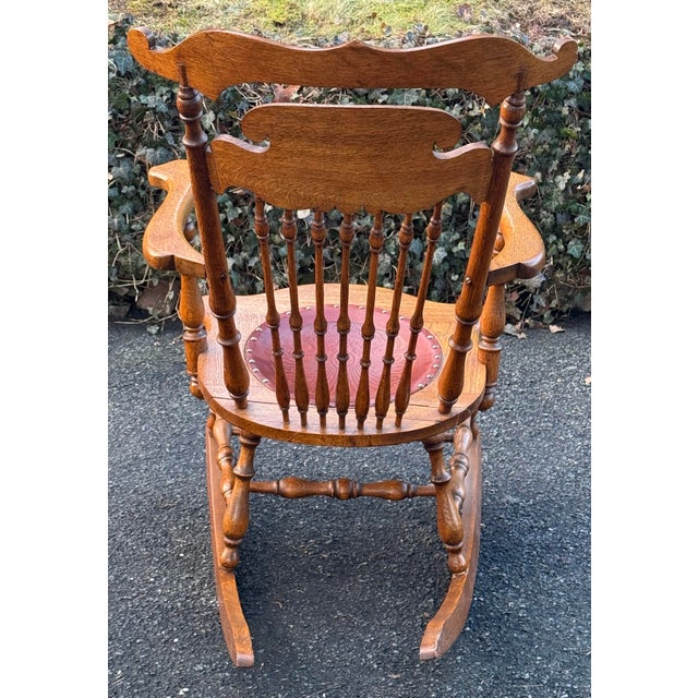 Late 19th Century Pressed Back Oak Tooled Leather Rocking Chair For Sale In New York - Image 6 of 12
