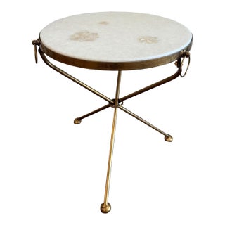 1980s Marble Top Side Table With Mother of Pearl Inlay & Gold Metal Base – 1 Piece For Sale