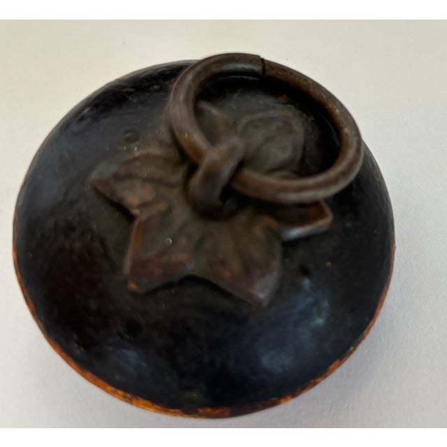Vintage Asian Red and Black Painted Wooden Round Lidded Box With Metal Ring Handle For Sale - Image 14 of 17