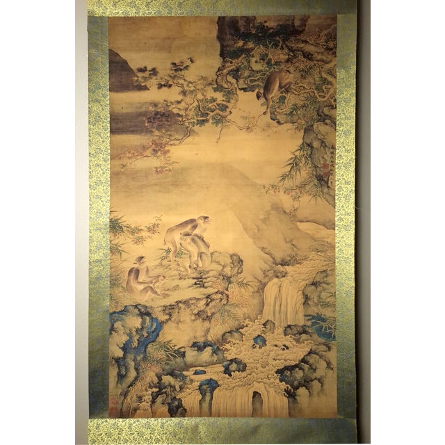 Chinese mountain monkeys scroll, a freely drawn depiction of mountain forest monkeys in colored inks on silk, mounted on a...
