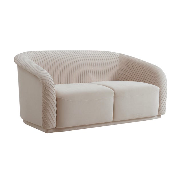 Wood Yara Beige Velvet Pleated Loveseat For Sale - Image 7 of 7