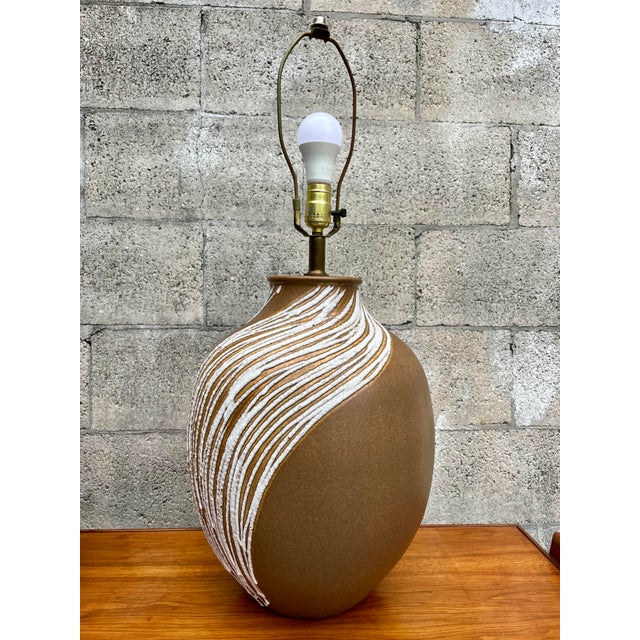 Brown A Pair of Mid Century Modern Large Lava Glazed Ceramic Lamps. Circa 1960s For Sale - Image 8 of 12