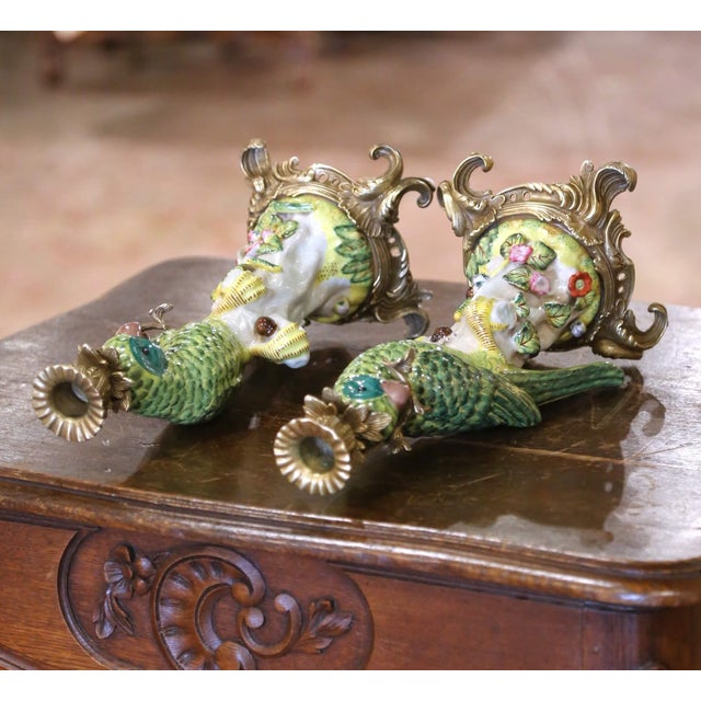 Mid-Century Chinese Export Porcelain Parrot Candlesticks on Gilt Bronze Bases - a Pair For Sale - Image 9 of 11