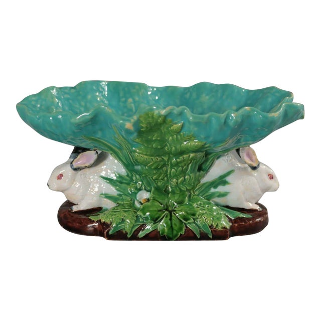 Late 19th Century Minton Majolica Rabbits With Leaf Dish For Sale
