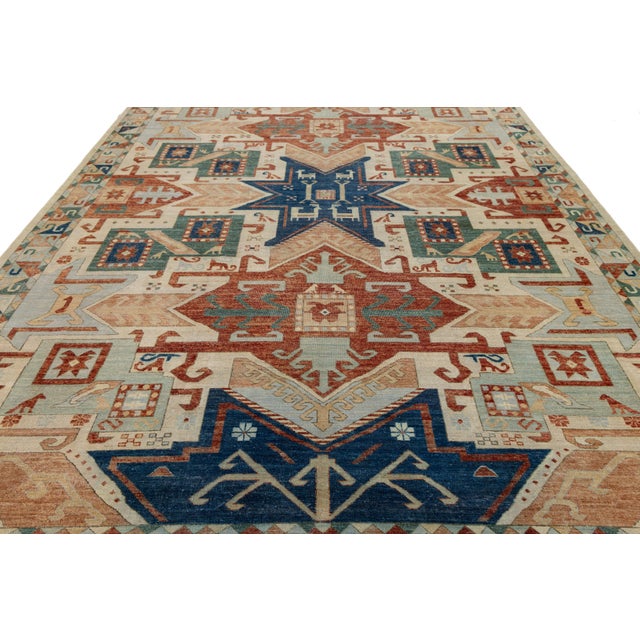 2010s Modern Kazak Style Hand-Knotted Wool Rug – Geometric Tribal Design in Terracotta For Sale - Image 5 of 8