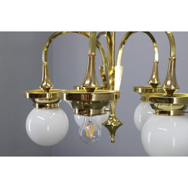 Vintage Art Deco Brass Chandelier with Five Opaline Glass Globes, 1930s For Sale - Image 11 of 12