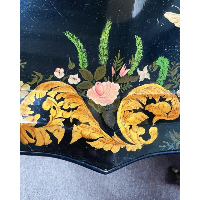 Antique Painted Tole Tray on Faux Bamboo Stand For Sale In Philadelphia - Image 6 of 8