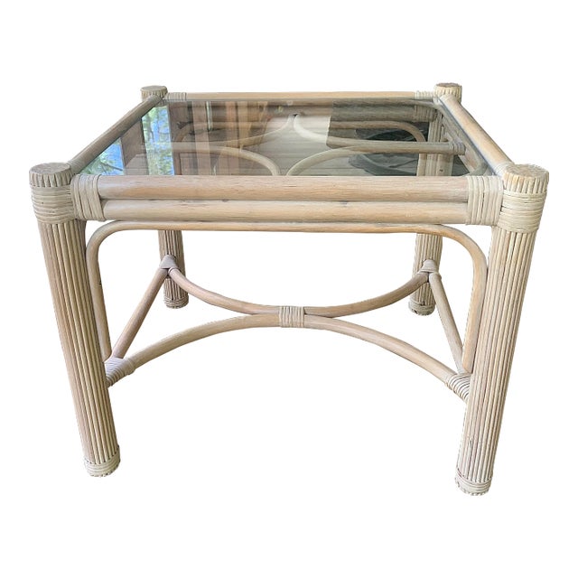 Vintage White Washed Rattan Side Table For Sale