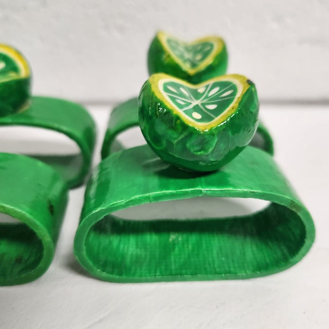 Vintage Lacquered Hand-Painted Papier Mâche Lime Napkin Rings, Set of 6 For Sale - Image 4 of 14