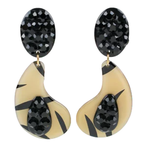 Dangle Jeweled Lucite Black and Custard Pair of Clip Earrings