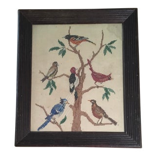 Vintage Mid 20th Century Framed Birds in Tree Cross Stitch Sampler For Sale