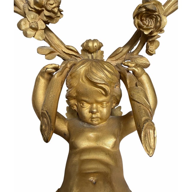 Bronze Pair of Antique 19c French Gilt Bronze Cherubic Light Sconces For Sale - Image 8 of 8