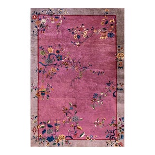 1920s Purple Floral Antique Chinese Art Deco Carpet 6' X 8'10" Handknotted Wool Rug For Sale